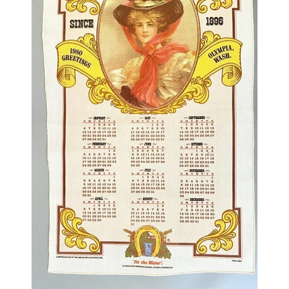 Vintage Olympia Beer Calendar 1980 Banner 1909 Olympia Calendar Girl 26.5x15.5”